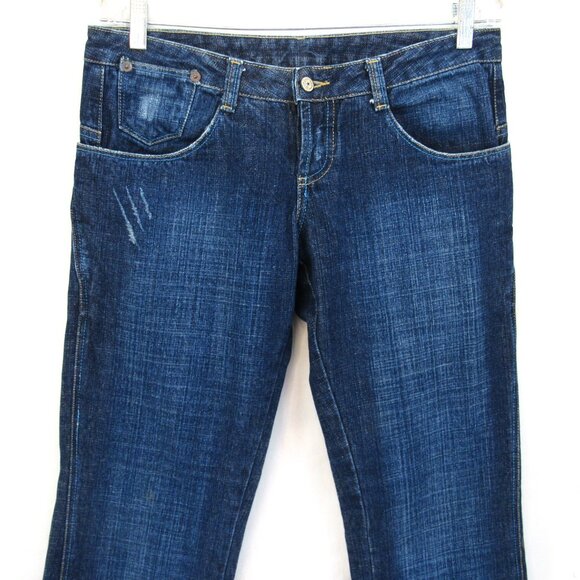 Basic Law Women's Button Fly Wide Leg Low Rise Embroidered Pocket Blue Jeans 8 - Picture 2 of 10